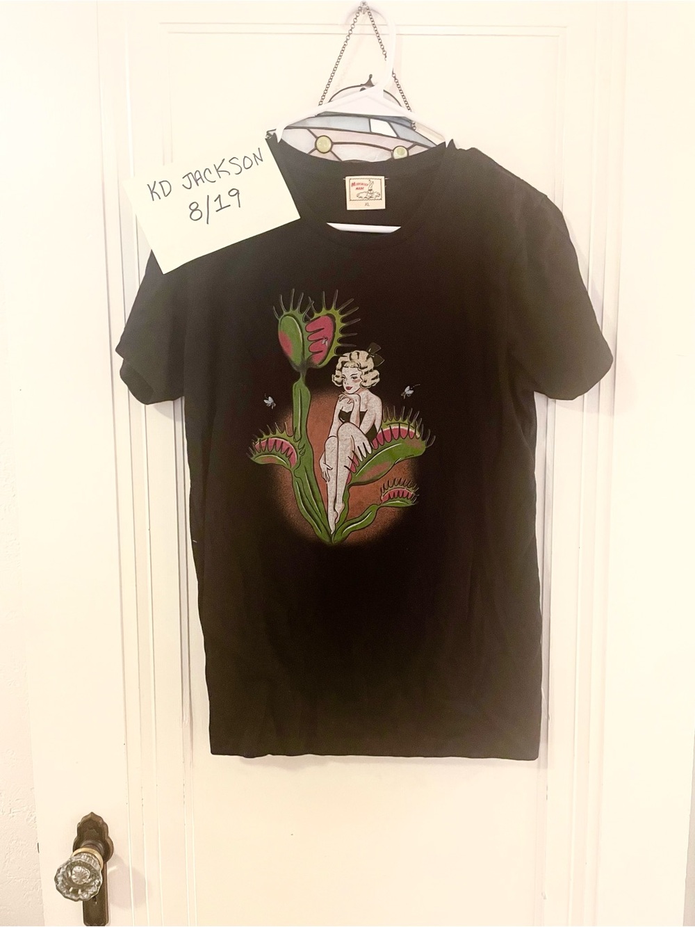 Black Graphic Tee with Lady in a Venus Flytrap Art